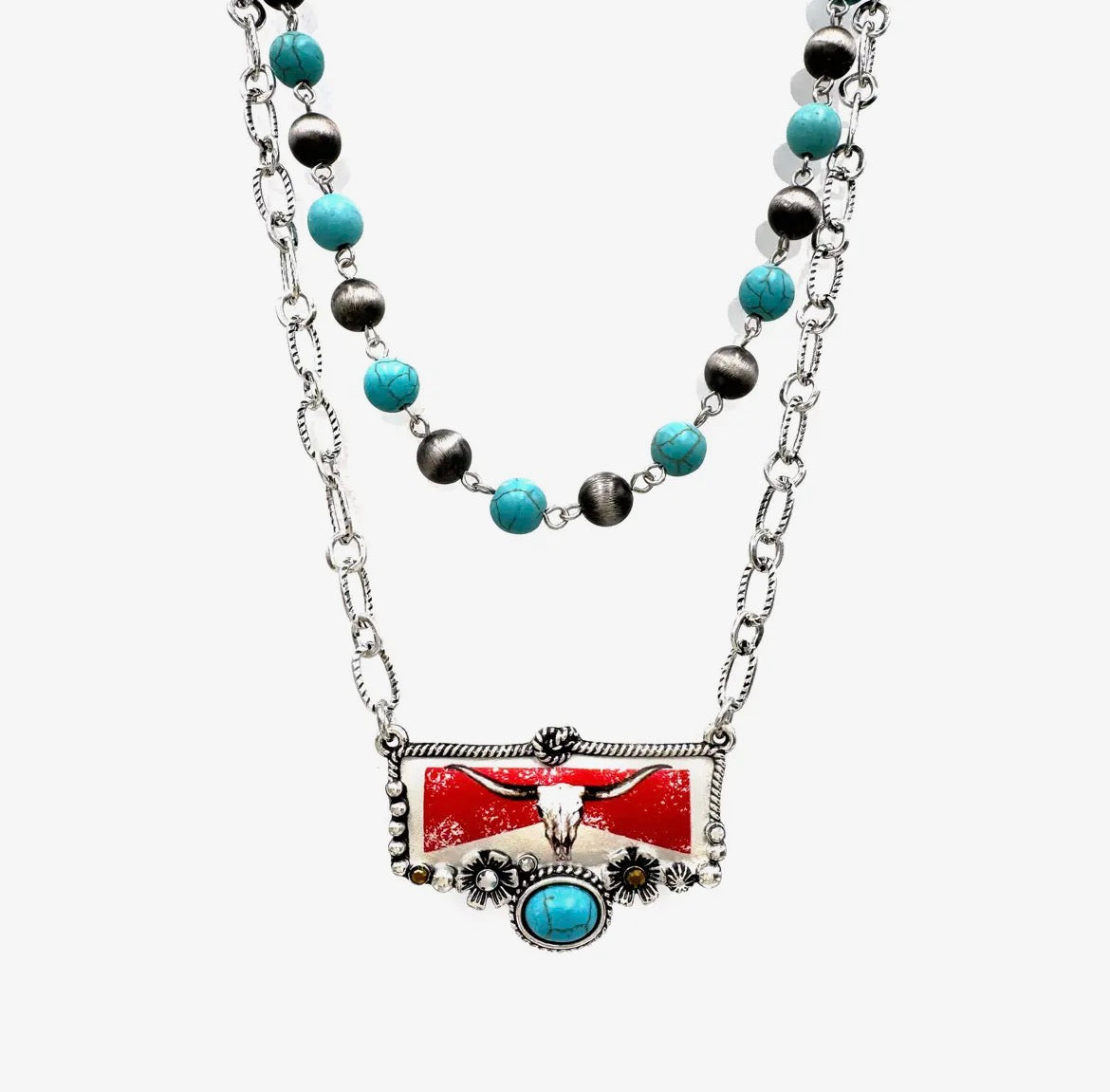 Longhorn & Turquoise Floral Double Strand Necklace