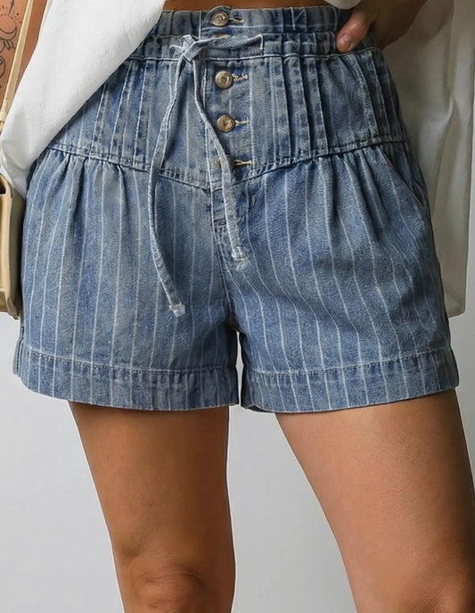 Pinstripe Drawstring Waist Denim Shorts