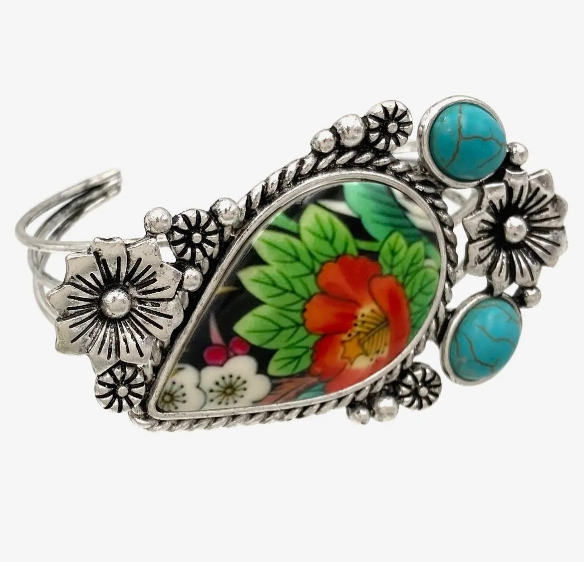 Floral Turquoise Western Vintage Style Cuff Bracelet