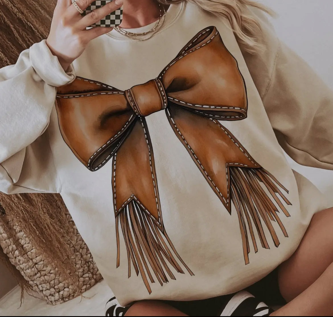 Leather Bow Sweatshirt
